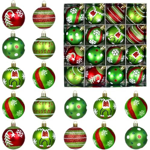 Pipihome Grinch Weihnachtskugeln, 16 TLG Christbaumkugeln Kunststoff Weihnachtsbaumkugeln, 6cm Rot Grün Weiß Weihnachtskugeln Plastik für Weihnachtsbaum Deko Elfen Thema