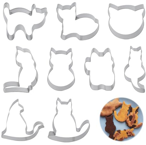 JYYWTSI 9 Kattformade Kakformar, Set i Rostfritt Stål, 2 cm Djup, 1 mm Tjocklek, 9 Olika Kattformer, för Kakor, Fondant, Bakning och DIY Dekorationer