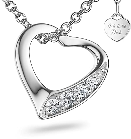 Herzkette Silber 925 Damen Halskette Kette mit Herz-Anhänger Ich liebe Dich (45-50cm) Silberkette mit Zirkonia-Steinen Schmuck Geschenke für Frauen Sie Freundin mit Gravur zum Jahrestag Liebesgeschenk