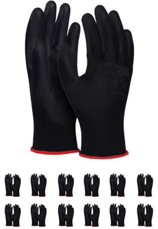 DONAU SAFETY Assembly Gloves Size 10, 12 Pairs/Cat II/Black/Gloves, Work Gloves Made of Polyester/Polyurethane/Gardening, Builders, Mechanics