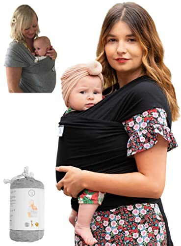 UK Brand - Baby Sling Carrier Wrap, Newborn to 35lbs, Organic Cotton, Small/Medium or Plus Size, Black or Grey, Safety Tested