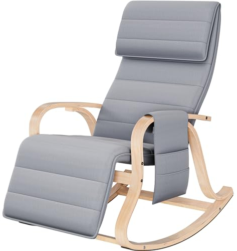 FirFurd Schaukelstuhl Schaukelsessel aus Birkenholz Relaxsessel mit 5-Fach verstellbares Fussteil Belastbarkeit 150kg Schaukelstuhl für Schlafzimmer, Wohnzimmer, Balkon, Outdoor 65×86×100cm Grau