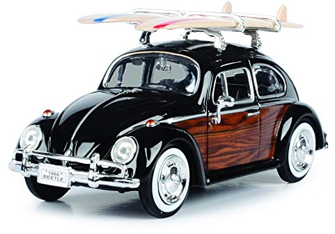 Toy Cars 1966 VW Beetle Black with Wood Panels and Two Surfboards on Roof Rack 1/24 Diecast Model Car by Motormax 79591