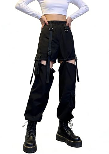 DINGJIUYAN Pantalon cargo décontracté pour femme - Taille haute élastique - Patchwork - Poche latérale - Pantalon sarouel Hip Hop Streetwear, 01 - Noir, XL