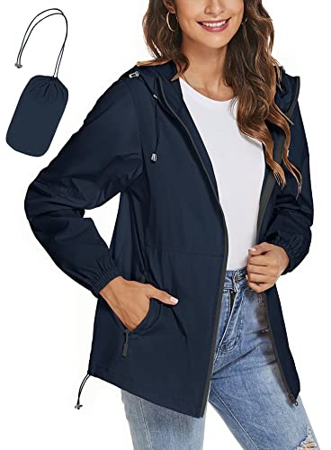 iWoo Rain Coats For Women Waterproof Jackets Lightweight Raincoat Outdoor Summer Light Rain Jacket Navy Blue S