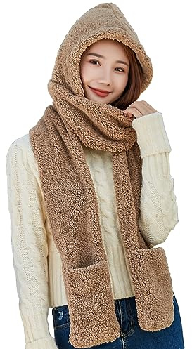 3 in 1 Women Long Hooded Scarf With Mitten Winter Thick Warm Hoodie Pocket Hat Scarf Neckwarmer