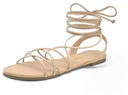 DREAM PAIRS Lace-up Gladiator Sandals Strappy Dressy Summer Flat Sandals for Women,Size 11,Nude,SDFS2408W