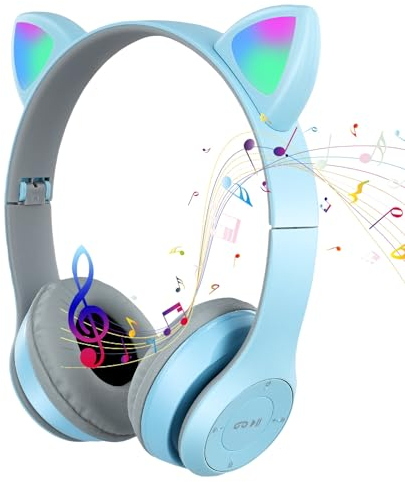 LIFEJXWEN - Auriculares Bluetooth inalámbricos para niños, auriculares inalámbricos con LED luminoso, FM/tarjeta SD/Responder a la llamada, para niños y adultos (azul blanco)