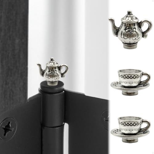 Hinge Head Tea Cup Set of 3 - Door Hinge Heads Decorative Topper Miniature - Cottagecore Magnetic Hinge Head Home Decoration - Whimsical Home Decor (Antique Silver)