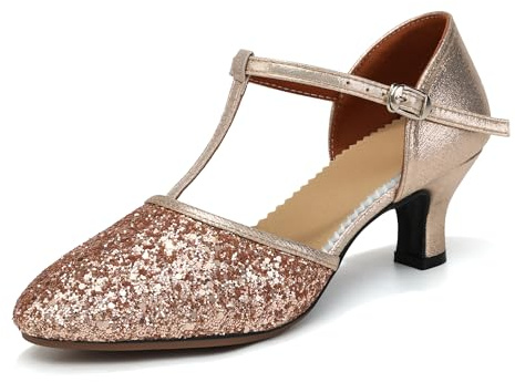 YCALCP Chaussures de Danse Latine Femme à Paillettes T-Starp Chaussures Danse Tango Salsa de Salon Bout Fermé,Talon de 5.5 cm,FT-135-Champagne-R,EU 39