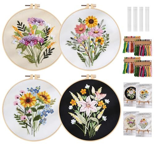 Stickset für Anfänger, 4 Sticken Set Erwachsene, Embroidery Kit mit Stickrahmen Farbfäden Werkzeuge, Blumenmuster Pflanzen Stickerei Set, Sticken für Anfänger, Kreuzstich Set für DIY Kunst, Handwerk