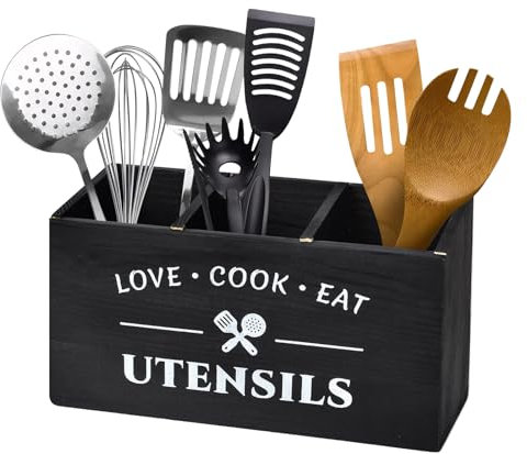 küchenutensilienhalter Kitchen Utensilhalter Holz Küchen Organizer mit 3 Fächer Stabiler Besteckständer Schwarz Bauernhaus-Utensilien für Küchentheke, Kochwerkzeuge, Arbeitsplatten, Café, Restaurant