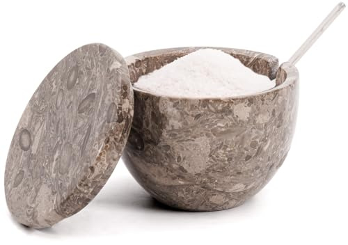 Mors dagspresent saltkällare i havsmarmor med lock och sked – 133 ml krydd- och sockerbehållare för köksbänk och matbord – elegant köksdekor, unik present till mamma