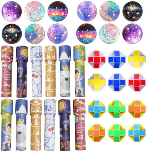 OPVXZAD Detalles Cumpleaños Niños 36 Piezas, 12 Caleidoscopios Infantiles, 12 Cubos Mágicos de Serpiente, 12 Galaxy Bouncy Balls, Regalos para Colegio, Party Bag Fillers y Fiestas de Niños