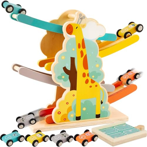 HERSITY Autorennbahn Holz Kugelbahn Spielzeug mit 4 Fahrzeuge, Holzspielzeug Kinder mit Tiermotiven, Rennspielzeug Geschenke für Kleinkinder 3+ Jahre Junge Mädchen