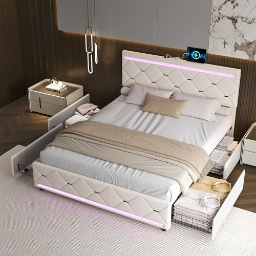 QMTXBYJ Cama tapizada de 160 x 200 cm, cama doble con función de carga USB, cabecero LED y 4 cajones, estructura de cama con somier de láminas, cama de 160 x 200 cm, cama doble con