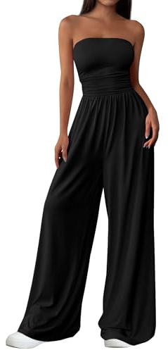 PRETTYGARDEN Womens Trendy Strapless Rompers 2026 Ruched Tube Top Wide Leg One Piece Jumpsuits Beach Vacation Summer Outfits (Black,Medium)