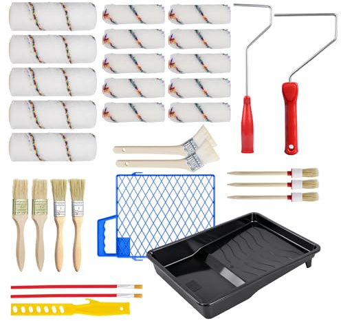 Dibaful Set di colori per pittura da parete, set di pennelli da pittore, rullo per pittore, rullo di vernice, piccolo pennello | Set per pittura con vaschetta colorata, accessori per pittura, pittura