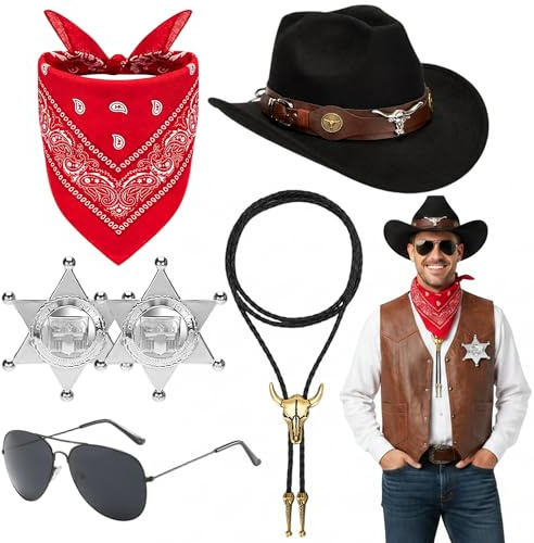 Fictoria Western Cowboy Costume Accessories - 6Pcs Western Fancy Dress Kit Includes Hat Bandana Sunglasses Sheriff Badge Bolo Tie, Men Women Kids for Cosplay Birthday Party