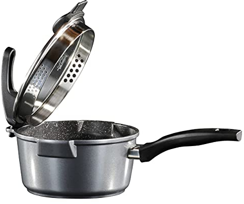 STONELINE Future Aluguss Stielkasserolle mit Deckel und Sieb-Funktion 18 cm, 2 L, Kleiner Topf Induktion für alle Herdarten, Milchtopf Kochtopf antihaftbeschichtet mit echten Steinpartikeln, Grau