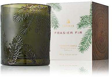 Thymes Frasier Fir Candle - Molded Green Glass Jar with Pine Needle Design - Winter Candle Gifts for Women & Men - Fresh Home Fragrance - Notes of Crisp Siberian Fir, Cedarwood & Sandalwood (6.5 oz)