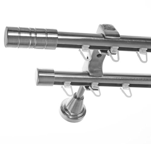 BASIT Gardinenstange 2 läufig Innenlauf Wandmontage 280 cm lang Edelstahl Look Vorhangstange doppelläufig mit Ø20mm Gardinenstangenset zweiläufig H60II