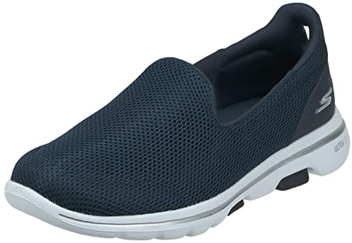 Skechers Women's GO Walk 5 Slip On Trainers, Navy Textile White, 4.5 UK