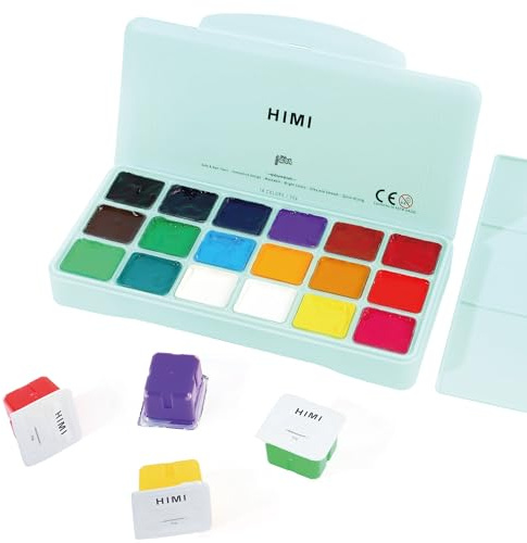 INK LAB HIMI Gouache Farben Set 18 Farben x 30 ml Gouache Paint Ungiftige Einzigartiges Gelee Cup Design mit Palette für Künstler Studenten Kinder