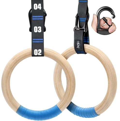 Zingtto Wooden Gymnastic Rings with Adjustable Numbered Straps. 1.1'' Olympic Rings for Core Workout, Crossfit, Bodyweight Training. Home Gym Rings with 8.5ft Exercise Straps and Workout Handles