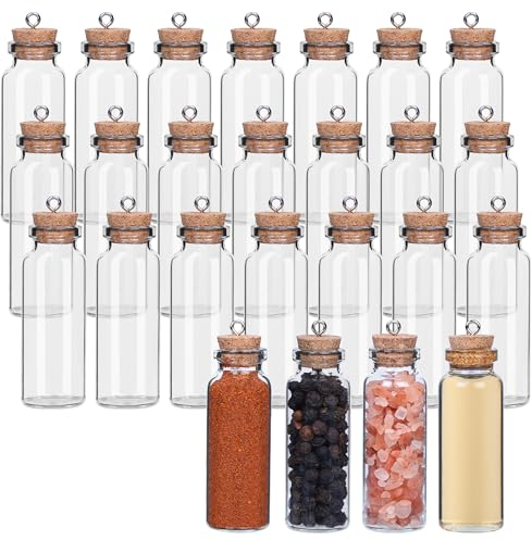 BELLE VOUS 25 Pezzi Boccette Vetro Tappo Sughero e Ganci a Occhiello - Capacità 15 ml - Set di Barattolini Vetro Piccoli con Tappo Ermetico per Bomboniere, Feste, Spezie e Marmellate