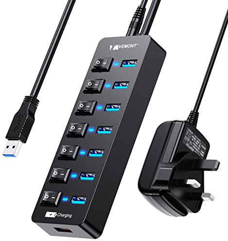 Powered USB Hub 3.0,VEMONT 7 Ports Multi USB Hubs and 1 USB Smart Charging Port with 5V/3A Power Supply,USB Extension Splitter with Individual On/Off Switches and 3.9ft/1.2m Long Cable for PC/Laptop