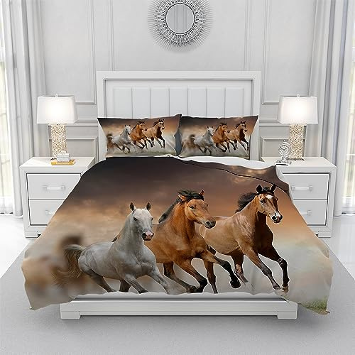 Leleyouzer Set di Biancheria da Letto 3D con Cavalli 135 x 200 cm, Set di Copripiumini Stampati con Motivo Cavalli, Set di Biancheria da Letto in Microfibra per Bambini, Decorazione per Camera da