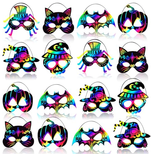 Johiux 90 Piece Halloween Scratch Masks Scratch Art Set for Kids Adults,halloween Class Craft for Kids Bulk Halloween Party Games,Magic Scratch Paper Favor Supplies Bats,Witches,Pumpkins,Cats,Spiders