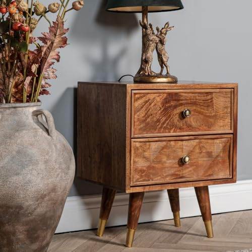 Elm home and garden Solid Mango Wood 2 Drawer Bedside Cabinet Night Stand Side Lamp End Table 55cm High x 45cm Wide x 35cm Deep