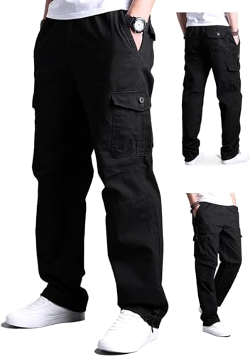 Aotoyou Cargohose Herren Baumwolle Cargo Hose Lange Freizeithose mit 7 Taschen und Elastische Taille Outdoorhose Wanderhose, Schwarz XL