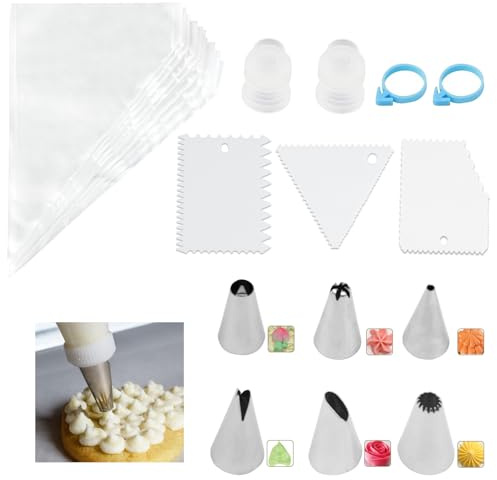 SHBAOCH 100 Pezzi sac a Poche,Pasticceria Accessori,con 6 beccucci sac a Poche,2 Accoppiatori,2 Anelli in Silicone,3 Raschietto per Texture Torta,Sacchetti per Decorare Torte