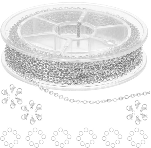 COMNICO 16.4ft Stainless Steel Chain 2.4mm Jewelry Cable Link Chain Roll DIY Craft Supplies Findings with 20pcs Lobster Clasps 50pcs Jump Rings for Making Necklace Earring Bracelet (Silver)