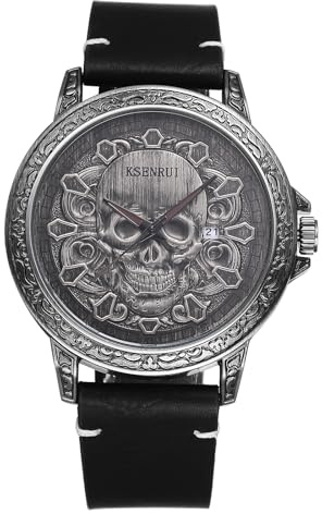 homme Avaner montre Quartz étanche Halloween: Montre Quartz Analogique Bracelet en Cuir Véritable Aiguilles Lumineuses Cadran tête de Mort, Punk Steam-Origine Noir