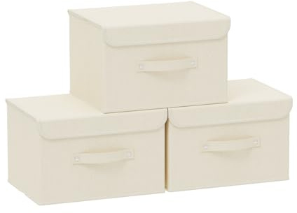 ENUMAIL 3 Piezas Caja de Almacenamiento Abatible de Tejidos con Tapa, Organizador de Cajones con Mango, Adecuada Para Habitaciones, Dormitorio, Oficina, 26×20×17cm, Beige