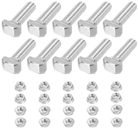 PATIKIL Perno De Cabeza De Martillo M5x20 T, 10 Pcs Pernos De Cabeza De Martillo Para Ranura T Con 10 Pcs Tuercas De Brida Hexagonales Para Perfil De Aluminio Estándar Europeo Serie 2020