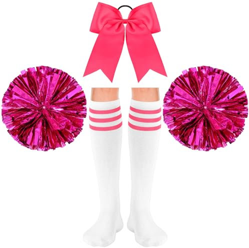 Sinmoe 4er Set Halloween Cheerleader Kostüm Zubehör 2 Cheerleading Pompons aus Metallfolie 1 Groß Haarschleife Cheerleader Haar Bögen 1 Paar Sport Therme Kniestrümpfe für Tanz Wettbewerb (Rosenrot)