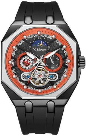 DAXIAOYU Unique Octagon Herren Multifunktions Automatische Mechanische Uhr Hohl Tourbillon Mondphase Business Uhren Leuchtend Wasserdicht Sport Armbanduhr, Schwarz Rot, Luxuriös