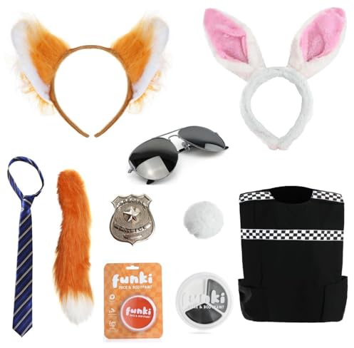 Disfraz de animal urbano para niños - Pequeño - Chaleco de policía, insignia de policía, orejas y cola de conejo, orejas y cola de zorro, corbata a rayas azul y beige, maquillaje facial
