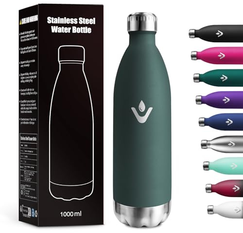Botella Termica 1L, Reutilizable, Botella Agua Termica a Prueba de Fugas, Termo Agua Acero Inoxidable sin BPA, Botella Doble Pared para Oficina, Escuela, Gimnasio, Senderismo, Adultos, Aire Libre