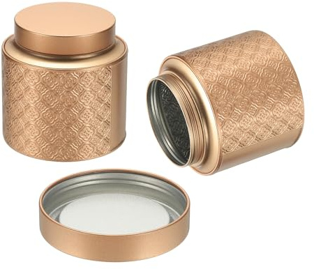 Uxcell 2 botes de té redondos de 4.13 x 4.17 pulgadas con tapas, almacenamiento de té suelto de metal grande para almacenar galletas, dulces, café, regalos, velas, almacenamiento de viaje, tono dorado