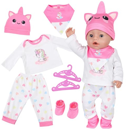 Baby Doll Clothes for 35-43cm Baby Dolls, NewBorn Baby Doll Outfits mit 1 Pink Pony Top 1 Pants 1 Hat 1 Bib 1 Socks 2 Hangers for 14-17 Inch Baby Dolls, Cute Baby Doll Clothing, as aGift to Kids
