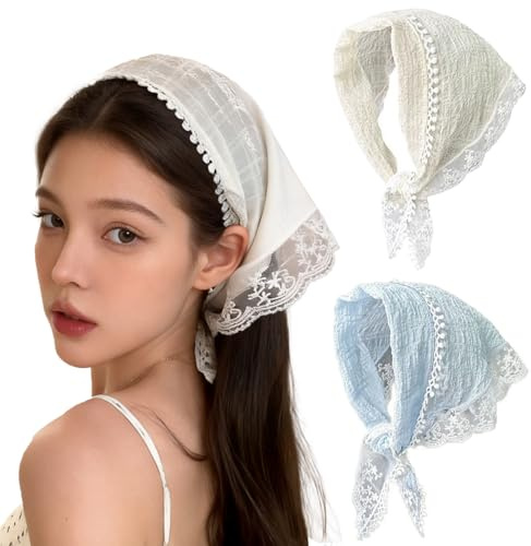 FOSDICK 2 Pcs Lace Bandana, Adjustable Tie-Back Lace Headband, Cute Summer White Headscarf, Elegant Triangle Head Scarf for Women For Daily Wear And Festivals (White, Light Blue)