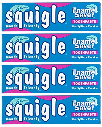 Squigle Enamel Saver Toothpaste - 36% Xylitol, Contains Fluoride, SLS Free, Prevents Mouth Ulcers, Canker Sores, Bad Breath, Perioral Dermatitis, Chapped Lips. Soothes & Protects Dry Mouths - 4 Pack