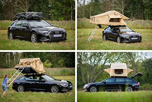 Adventure Xperience Adventurer140 PKW Dachzelt inkl. 140 x 240 Matratze (60 mm stark) + 3D Mesh; Teleskopleiter bis 2,1m KFZ Höhe; KFZ Softcover Klappdachzelt 140 cm