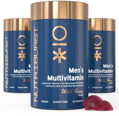 Nutriburst Men’s Multivitamin • 3 Months • Vegan & Sugar Free Gummies | 180 berry flavour vitamin gummies for immune system & mental performance. 16 vitamins including B2, 3, 5, 6, 12, & A, C, & D.